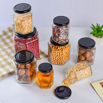 Thùng lưu trữ thủy tinh tinh lục giác 100ml 500ml Với nắp kim loại cho kem mật ong