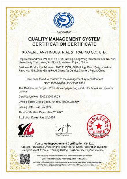Trung Quốc Lianyi International industrial and trading co.,Ltd Chứng chỉ